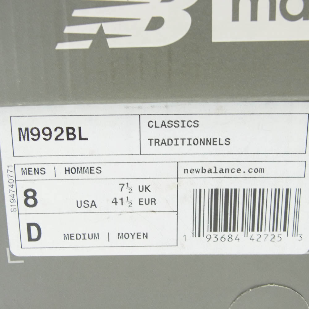 NEW BALANCE ニューバランス M992BL スエード ローカット スニーカー ブラック系 26cm【中古】