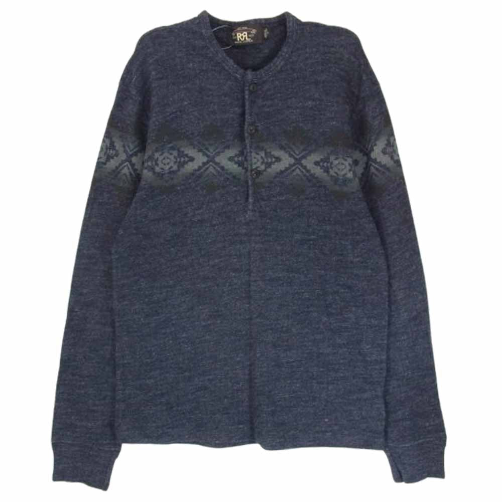 RRL ダブルアールエル インディゴ ネイティブプリント ヘンリーネック 長袖 Tシャツ カットソー ネイビー系 S【中古】