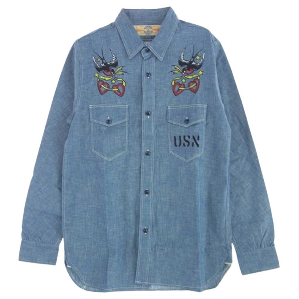 The REAL McCOY'S ザリアルマッコイズ SWALLOW カスタム シャンブレー 長袖 シャツ USN ポセイドン プリント インディゴブルー系 15【新古品】【未使用】【中古】