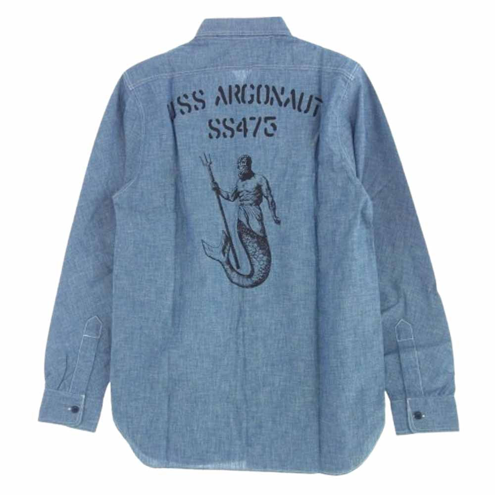 The REAL McCOY'S ザリアルマッコイズ SWALLOW カスタム シャンブレー 長袖 シャツ USN ポセイドン プリント インディゴブルー系 15【新古品】【未使用】【中古】