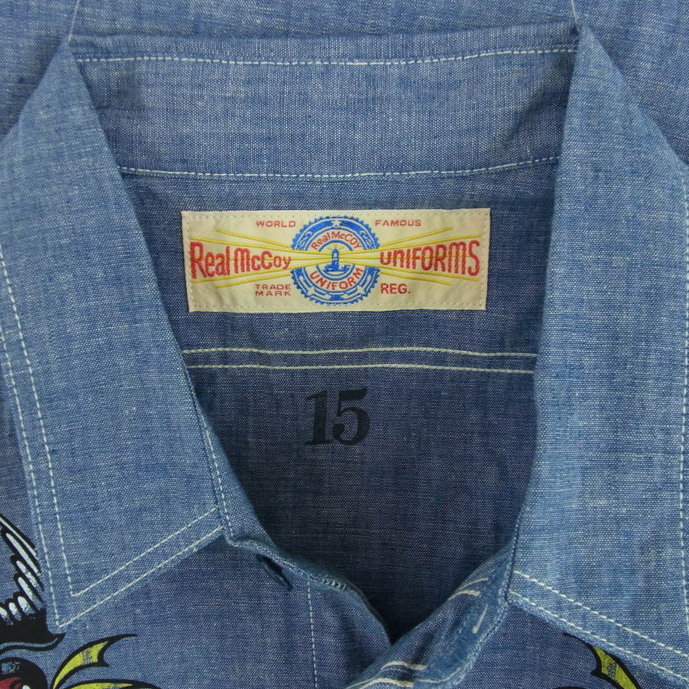 The REAL McCOY'S ザリアルマッコイズ SWALLOW カスタム シャンブレー 長袖 シャツ USN ポセイドン プリント インディゴブルー系 15【新古品】【未使用】【中古】