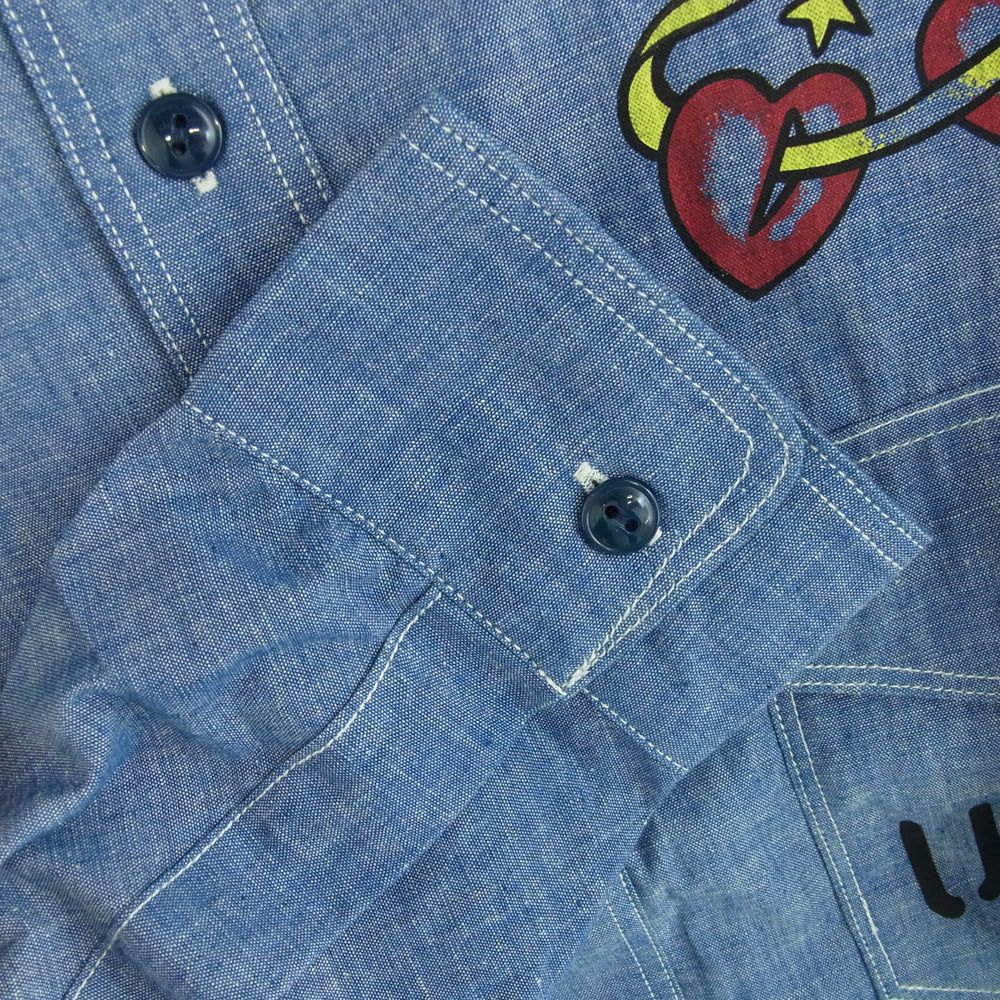 The REAL McCOY'S ザリアルマッコイズ SWALLOW カスタム シャンブレー 長袖 シャツ USN ポセイドン プリント インディゴブルー系 15【新古品】【未使用】【中古】