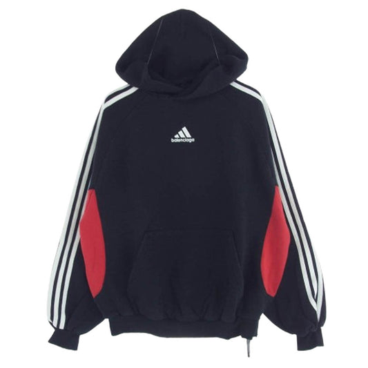 BALENCIAGA バレンシアガ 23AW 715001 TNVA8 adidas Hoodie Large Fit アディダス ロゴ刺繍 ダメージ加工 プルオーバー パーカー ブラック系 S【中古】