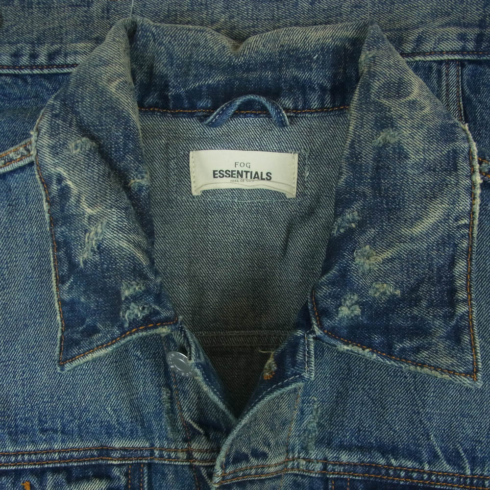 FEAR OF GOD フィアオブゴッド ESSENTIALS denim trucker jacket ダメージ加工 エッセンシャルズ トラッカー デニム ジャケット インディゴブルー系 M【美品】【中古】