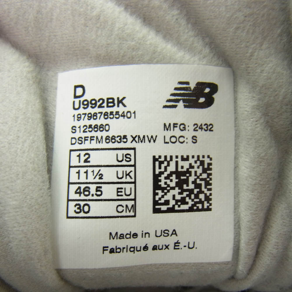 NEW BALANCE ニューバランス U992BK MADE IN USA ローカット スニーカー ブラック系 30cm【美品】【中古】
