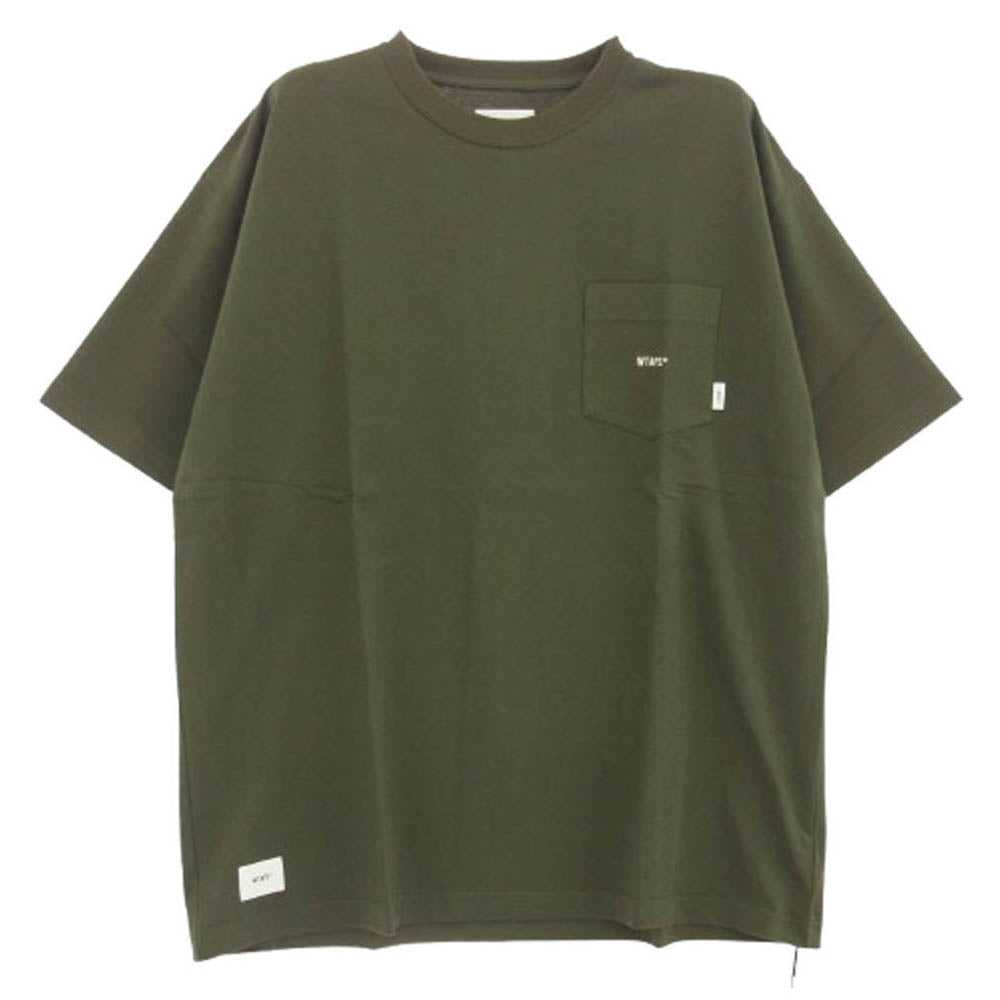 WTAPS ダブルタップス 22SS 221ATDT-CSM02 AII 02/SS/COTTON ロゴ刺繍 ポケット付き クルーネック 半袖 Tシャツ カットソー グリーン系 03【新古品】【未使用】【中古】