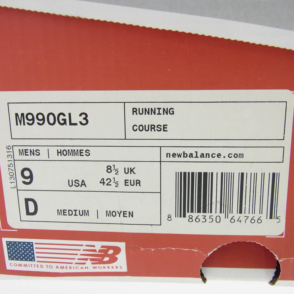 NEW BALANCE ニューバランス M990GL3 990 USA製 クラシックモデル ローカット スニーカー グレー系 UK8.5【中古】