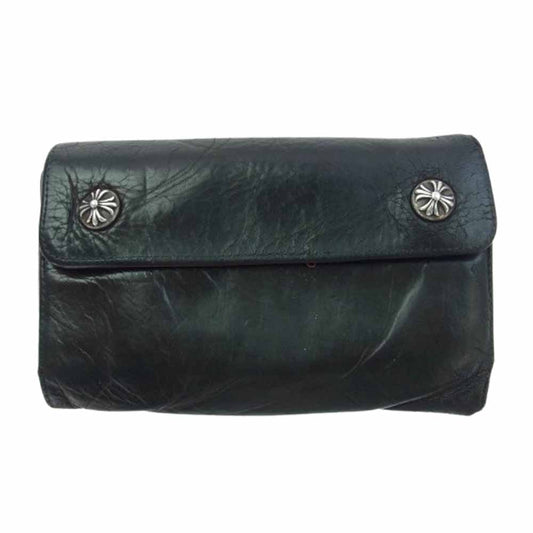 CHROME HEARTS クロムハーツ（原本無） WAVE CROSS BALL ウェーブ クロスボールボタン レザー ウォレット 財布 ブラック系【中古】