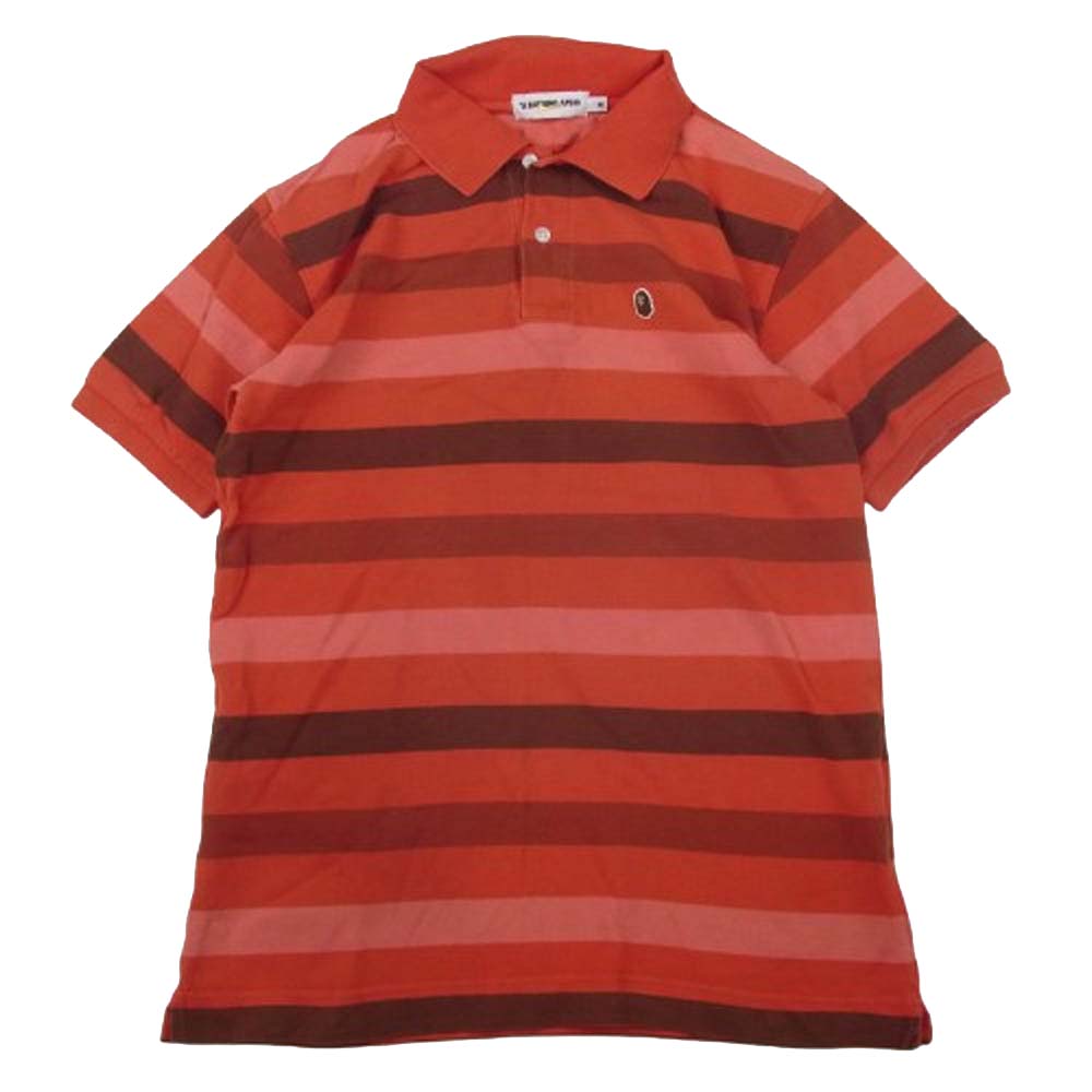 A BATHING APE アベイシングエイプ ONE POINT ロゴ ボーダー 半袖 ポロシャツ レッド系 M【中古】