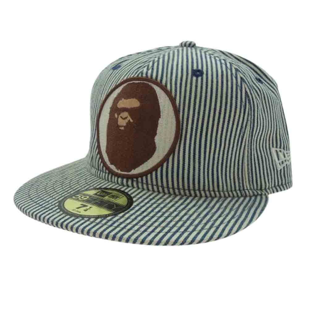 A BATHING APE アベイシングエイプ × NEW ERA ニューエラ ワッペン ヒッコリー キャップ インディゴブルー系 オフホワイト系 57.7cm【中古】