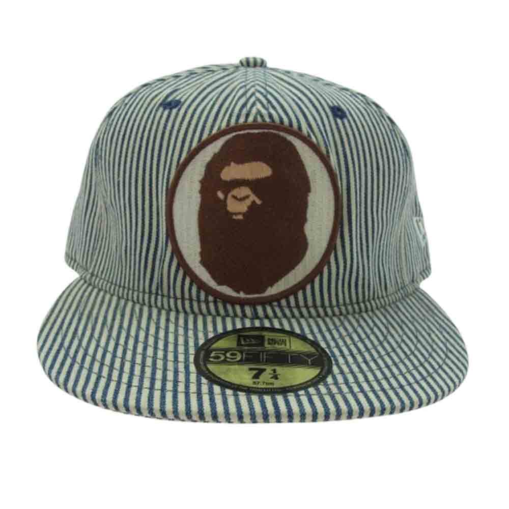 A BATHING APE アベイシングエイプ × NEW ERA ニューエラ ワッペン ヒッコリー キャップ インディゴブルー系 オフホワイト系 57.7cm【中古】