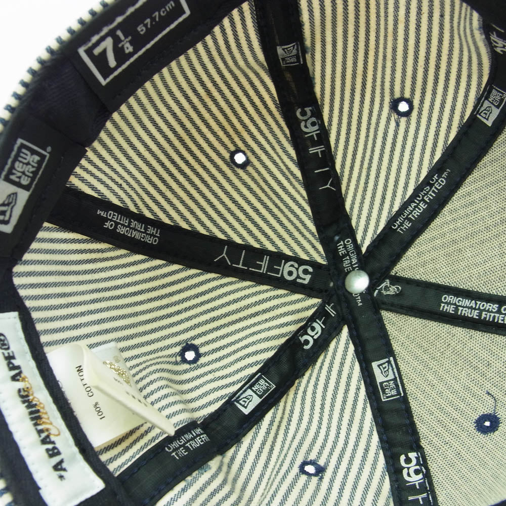 A BATHING APE アベイシングエイプ × NEW ERA ニューエラ ワッペン ヒッコリー キャップ インディゴブルー系 オフホワイト系 57.7cm【中古】