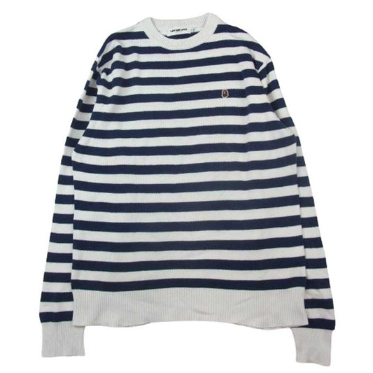 A BATHING APE アベイシングエイプ ONE POINT ワンポイント ロゴ ボーダー ニット ホワイト系 ネイビー系 L【中古】