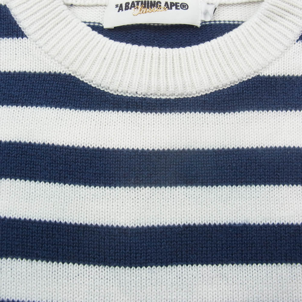 A BATHING APE アベイシングエイプ ONE POINT ワンポイント ロゴ ボーダー ニット ホワイト系 ネイビー系 L【中古】