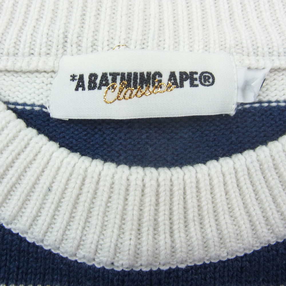 A BATHING APE アベイシングエイプ ONE POINT ワンポイント ロゴ ボーダー ニット ホワイト系 ネイビー系 L【中古】