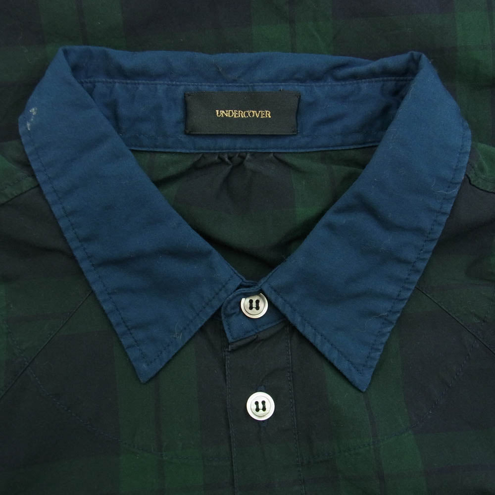 UNDERCOVER アンダーカバー 04405-1 ポケット チェック サイドボタン 半袖 シャツ モスグリーン系 ネイビー系 2【中古】