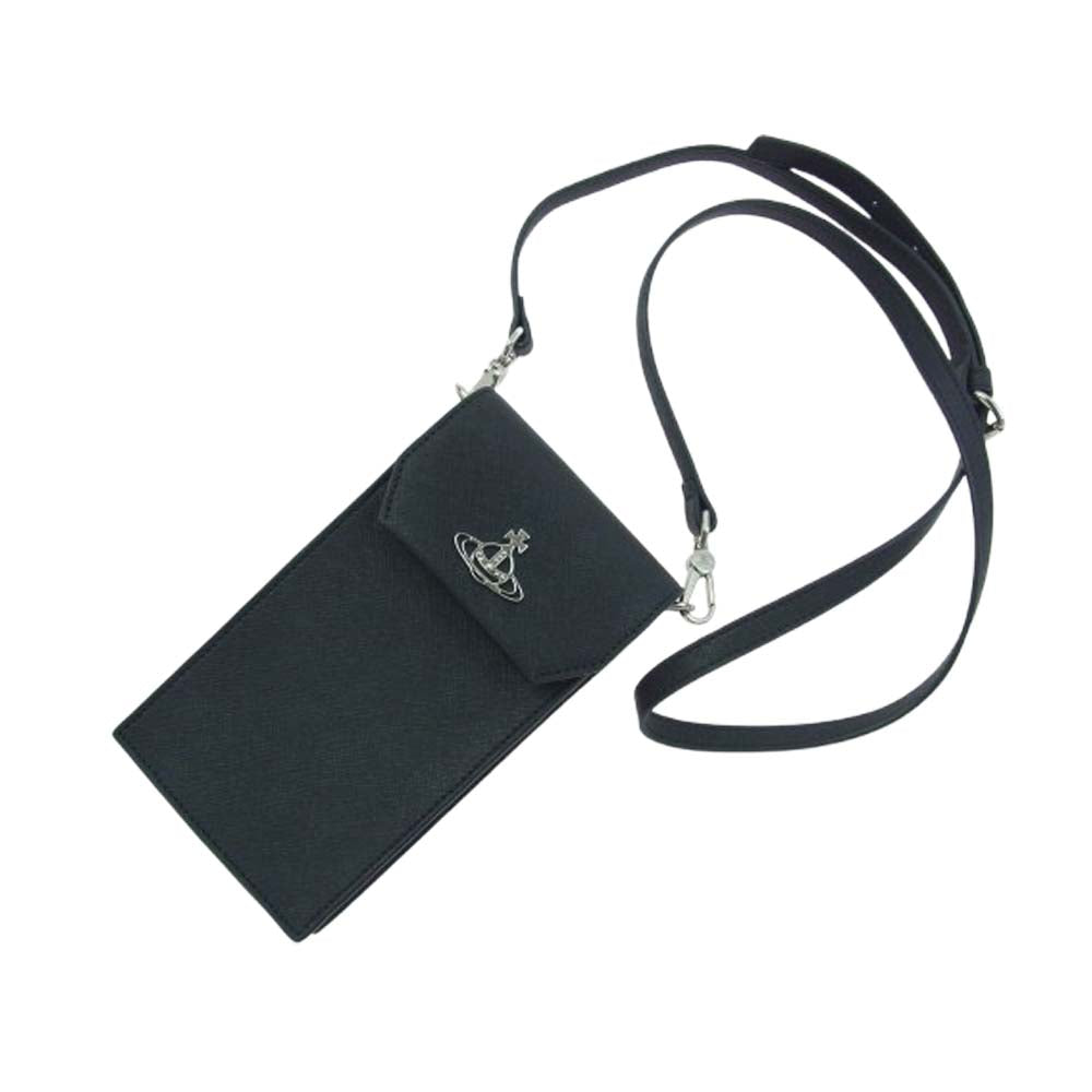 Vivienne Westwood ヴィヴィアンウエストウッド 53030019U SAFFIANO BIOGREEN PHONE BAG スマホ ケース レザー ショルダー バッグ ブラック系【美品】【中古】
