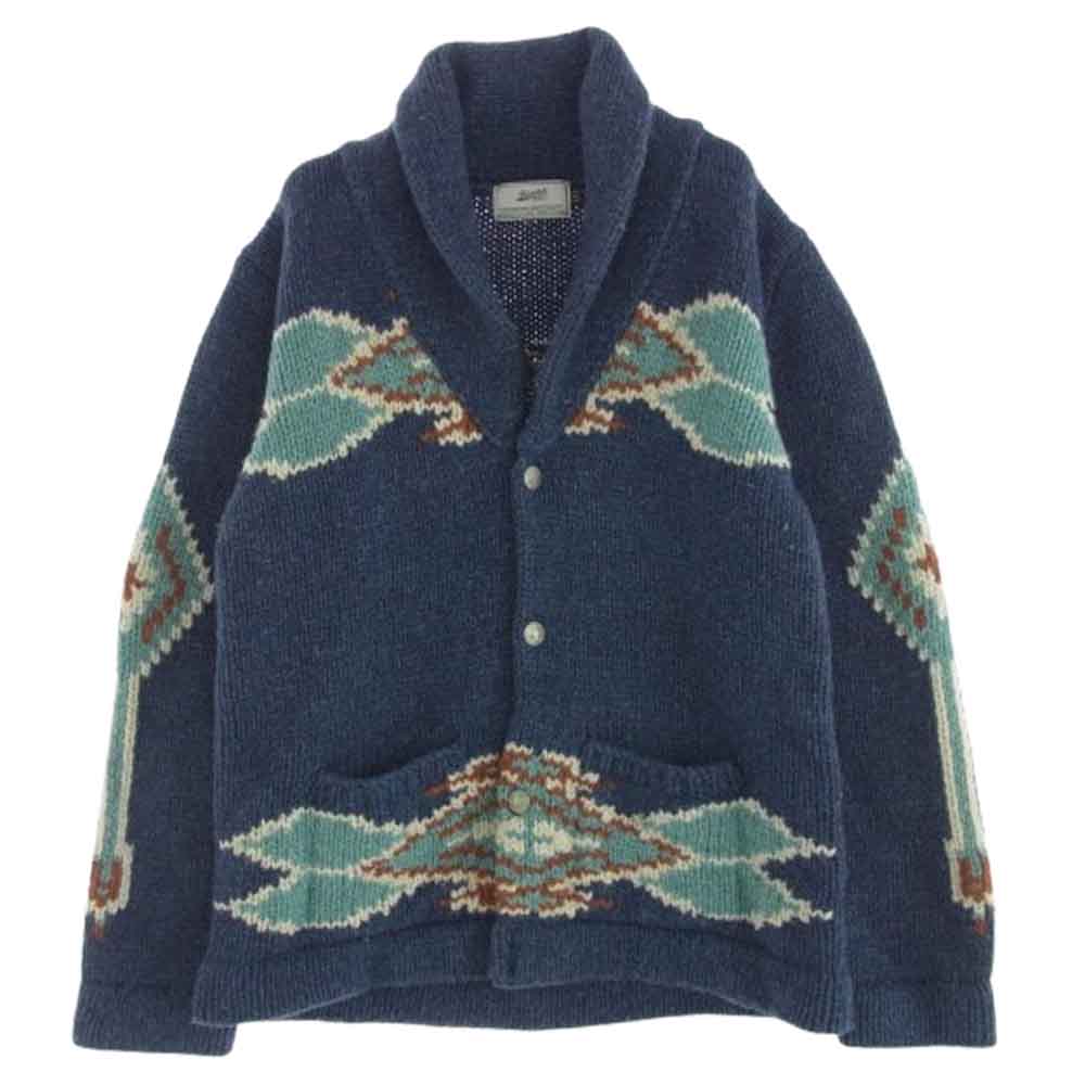 BARNS OUTFITTERS バーンズ ショールカラー ネイティブ柄 ウール カウチン カーディガン ブルー マルチカラー系 40【中古】