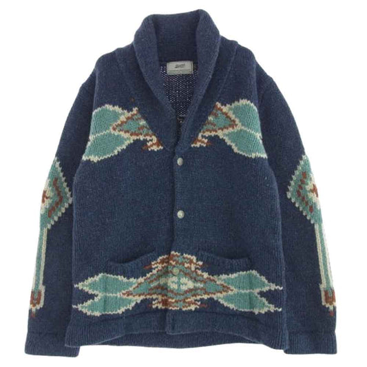 BARNS OUTFITTERS バーンズ ショールカラー ネイティブ柄 ウール カウチン カーディガン ブルー マルチカラー系 40【中古】