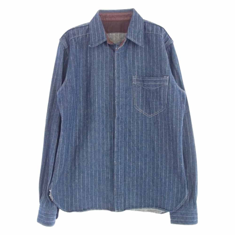 デラックスウエア レザ―切替 ヒッコリーストライプ デニム 長袖シャツ インディゴブルー系 XL【中古】