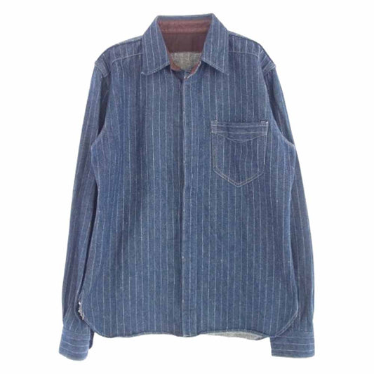 デラックスウエア レザ―切替 ヒッコリーストライプ デニム 長袖シャツ インディゴブルー系 XL【中古】