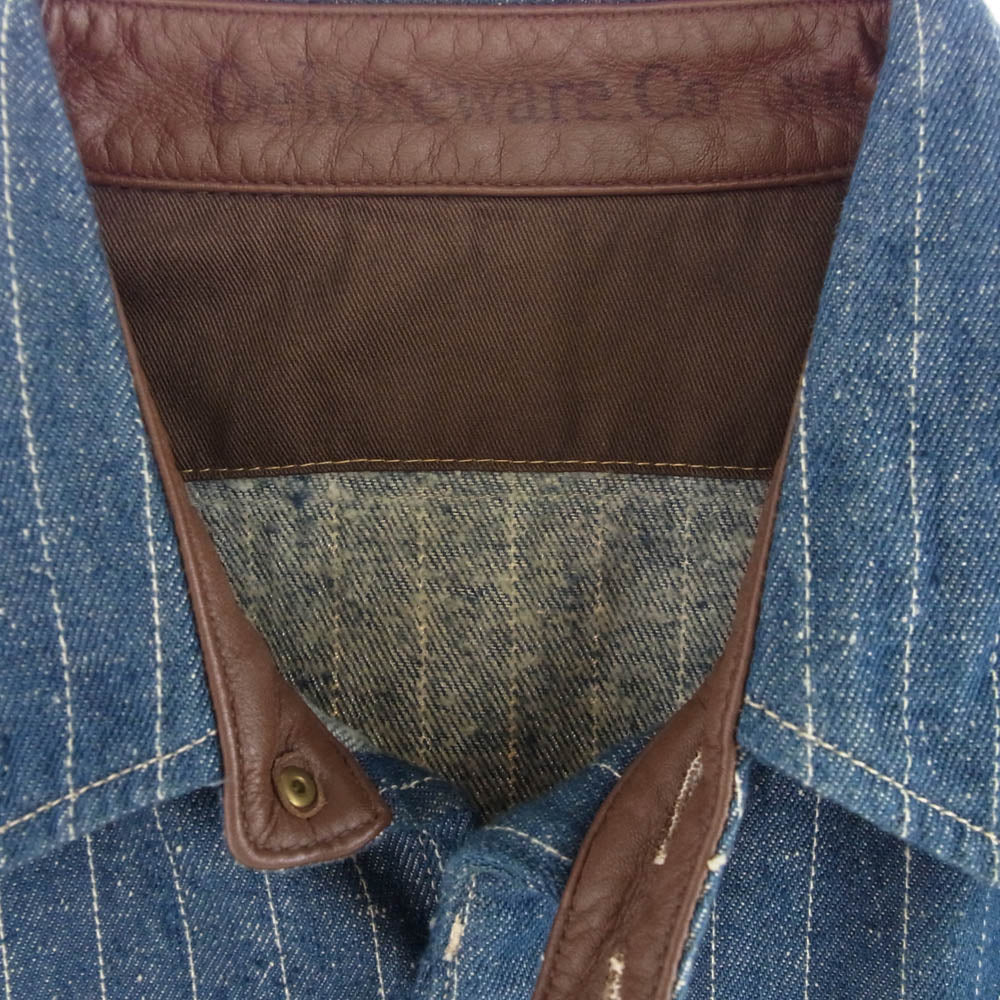 デラックスウエア レザ―切替 ヒッコリーストライプ デニム 長袖シャツ インディゴブルー系 XL【中古】
