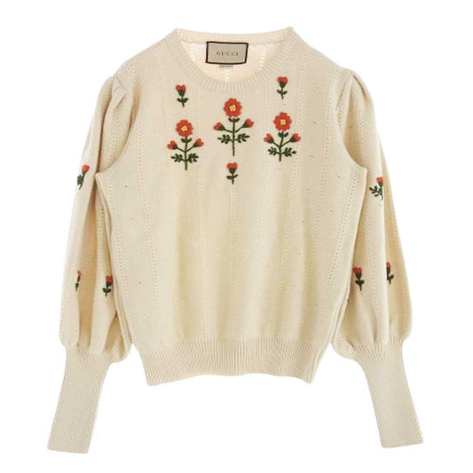 GUCCI グッチ 653328 ウール フローラル ニット セーター トップ ベージュ系 S【中古】