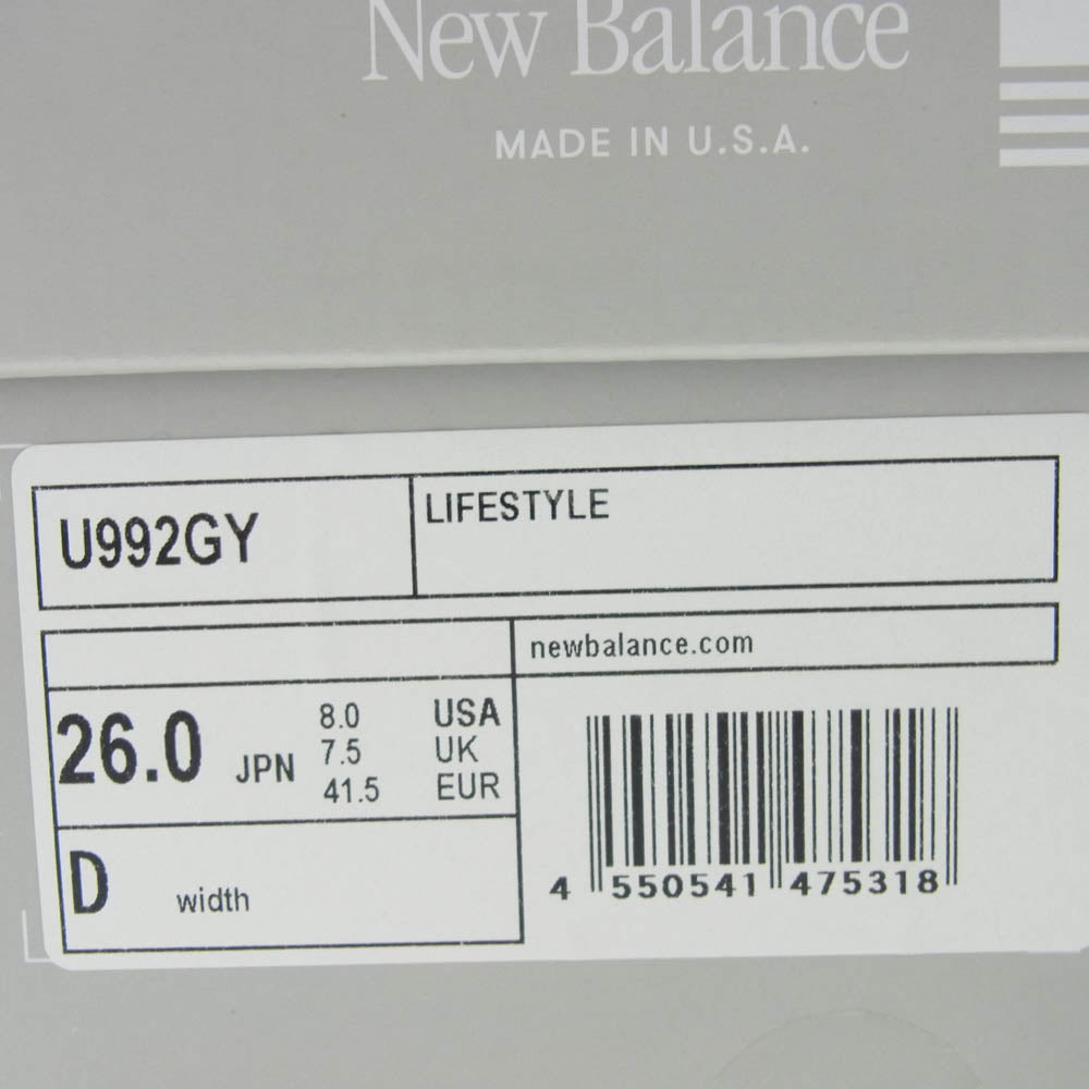 NEW BALANCE ニューバランス U992GY 992 Gray 2025 スエード メッシュ ローカット スニーカー グレー系 26cm【極上美品】【中古】