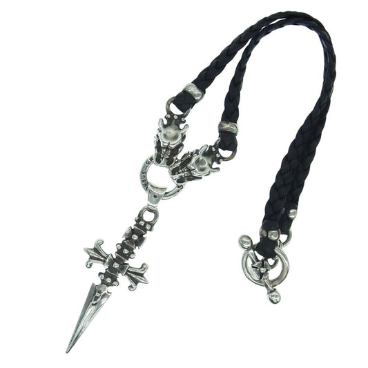 TRAVIS WALKER トラヴィスワーカー ギャランティ付属 CROSS DAGGER WITH 2 GARGOYLE WITH BRAIDED LEATHER NECKLACE クロスダガー 2ガーゴイル レザーネックレス【中古】