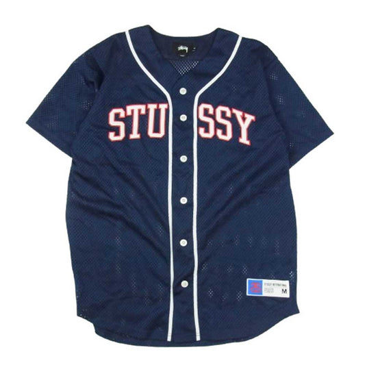 STUSSY ステューシー アーチロゴ メッシュ ベースボールシャツ ネイビー系 M【中古】