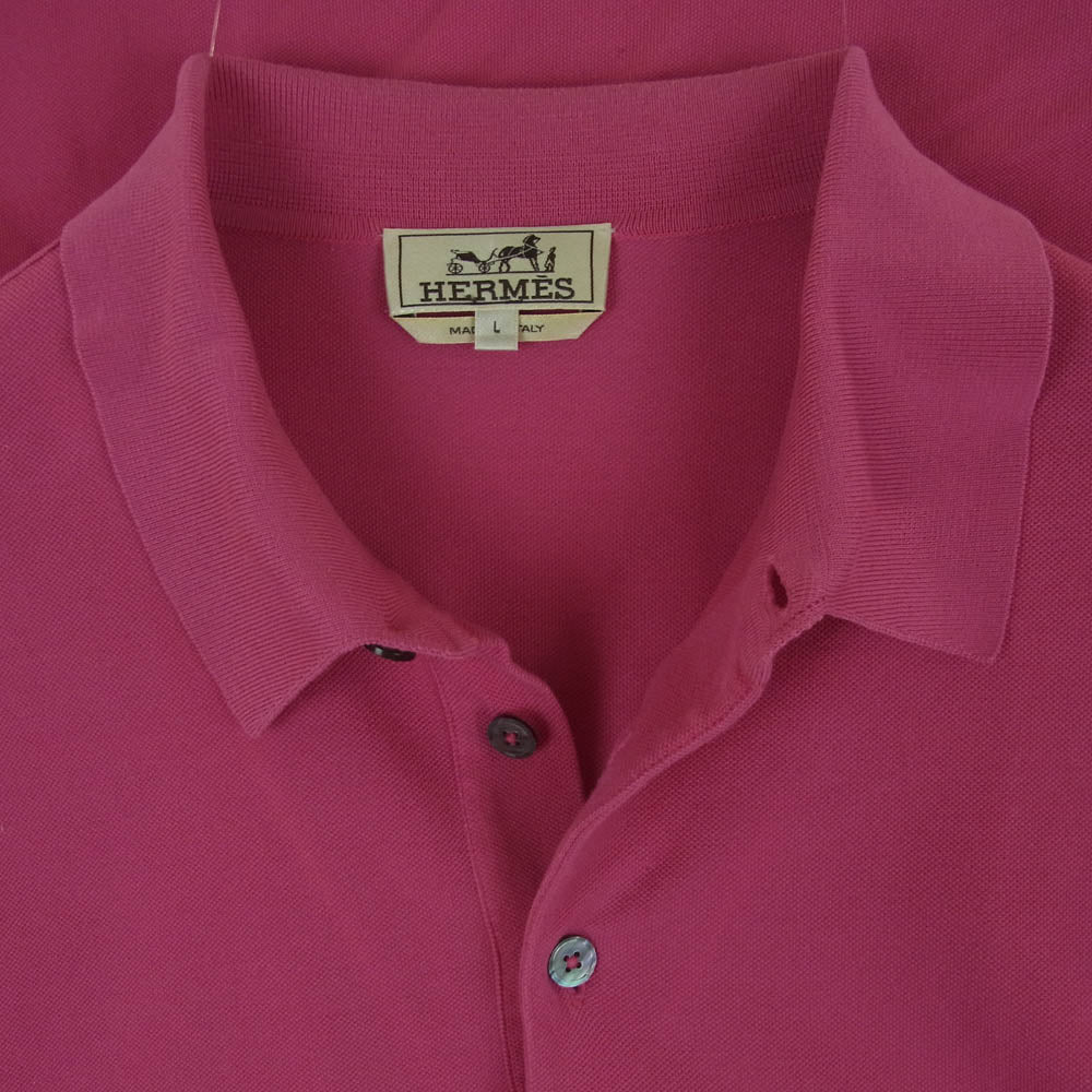 HERMES エルメス Hロゴ刺繍 ポケット 半袖 ポロシャツ コットン ポロ シャツ イタリア製 ピンク系 L【中古】