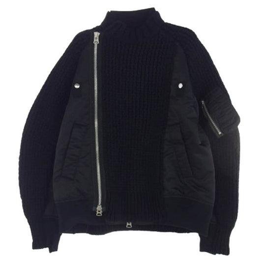 Sacai サカイ 23AW 23-03165M Nylon Twill Mix Knit Blouson ニット切り替え デザイン ブルゾン ジップアップ レイヤード ジャケット ブラック系 1【美品】【中古】