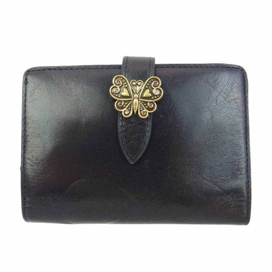 ANNA SUI アナスイ 317093 ロジェ レザー 二つ折り ミニ 財布 ウォレット ブラック系【中古】