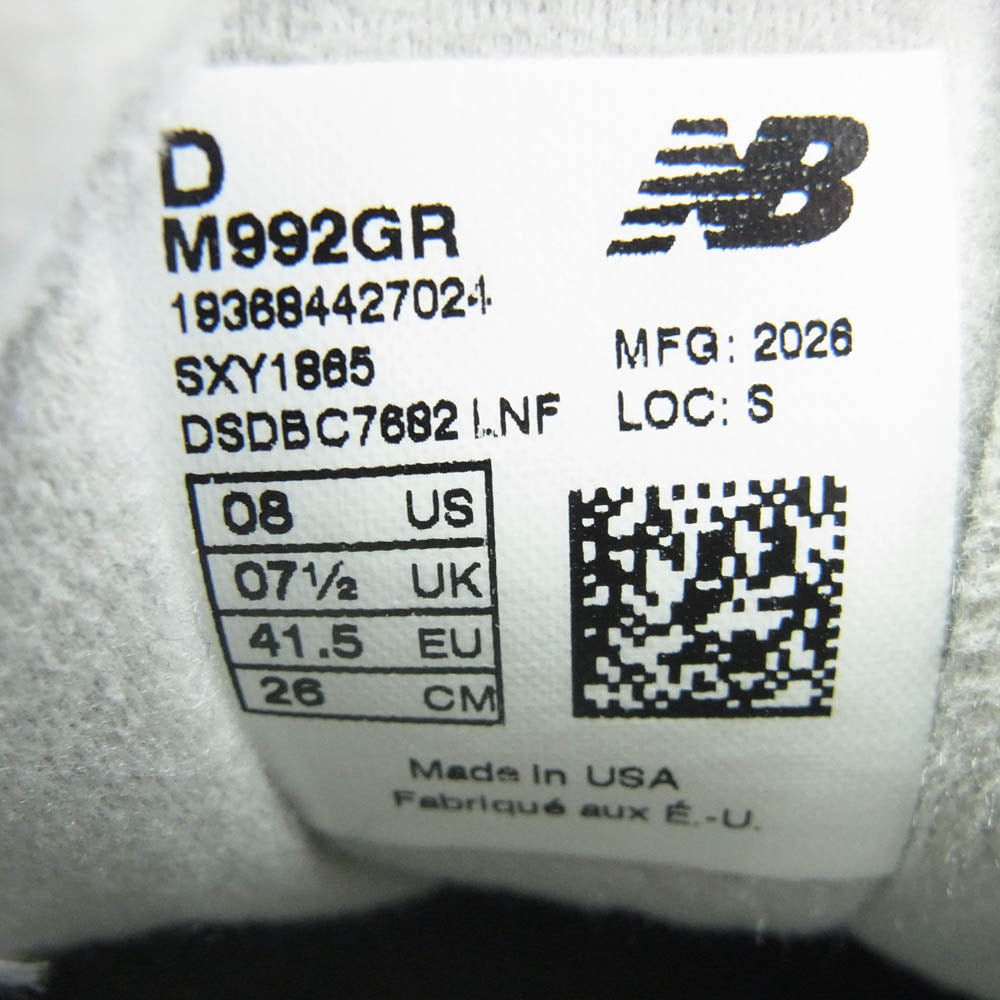 NEW BALANCE ニューバランス M992GR スエード ローカットスニーカー グレー系 26cm【中古】