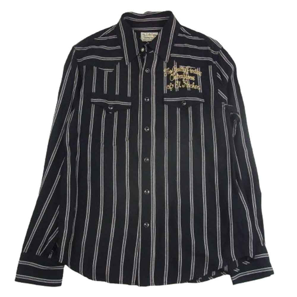 WACKO MARIA ワコマリア 10AW 10AW-SHI-18 ロゴ 刺繍 レーヨン 長袖 ストライプ シャツ ブラック系 L【中古】