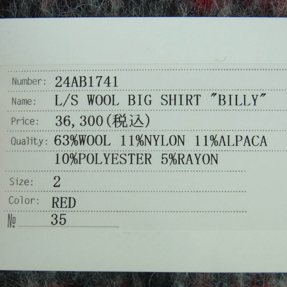 BEDWIN & THE HEARTBREAKERS ベドウィンアンドザハートブレイカーズ 24AW 24AB1741 WOOL BIG SHIRT BILLY ビッグ ウール チェック 長袖 シャツ ジャケット レッド系 グレー系 2【中古】