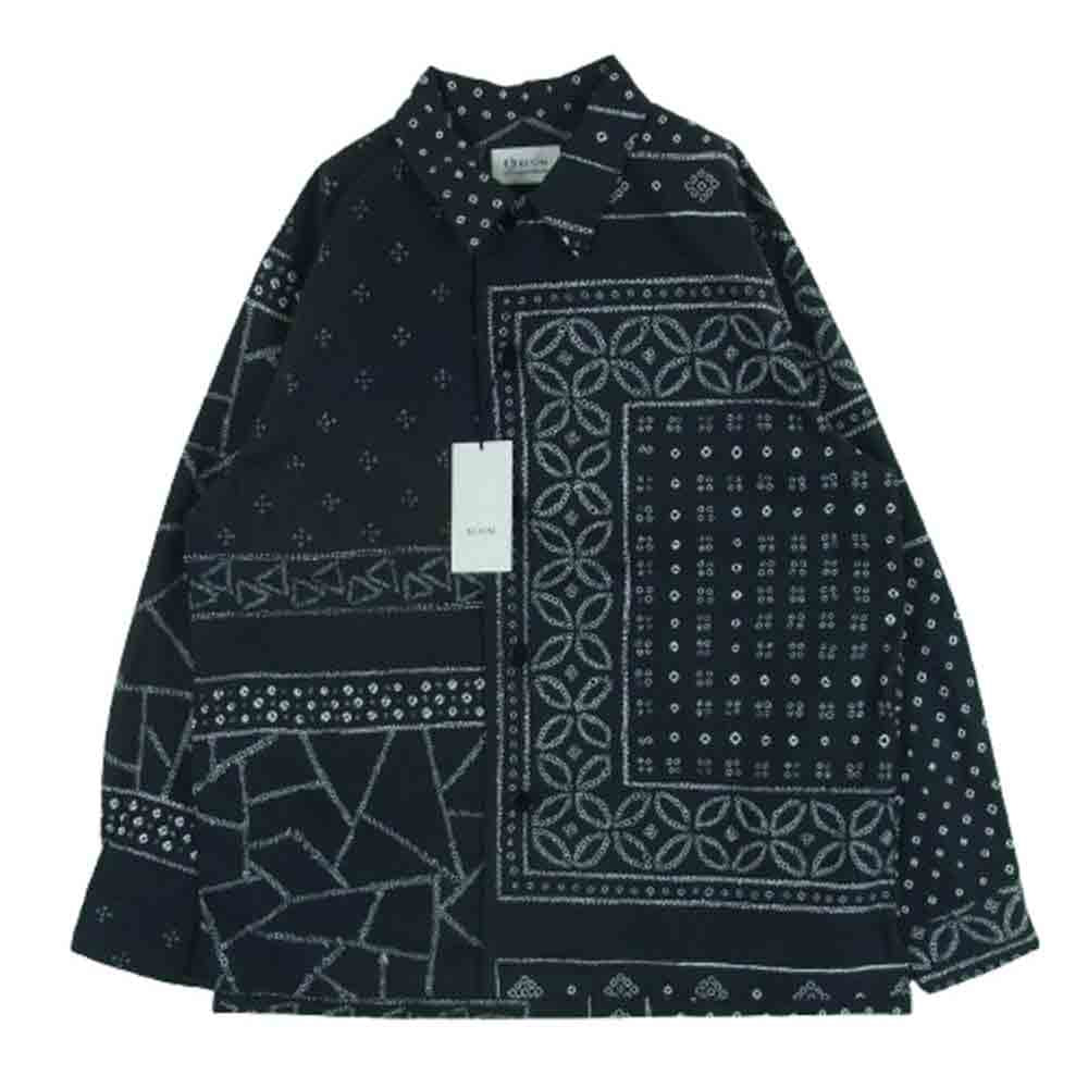 KUON クオン 115SH010200 Kanoko Shibori Printed Bandanna Shirket 観光絞り プリント バンダナ 長袖 シャツ ブラック系 ホワイト系 09 M【新古品】【未使用】【中古】