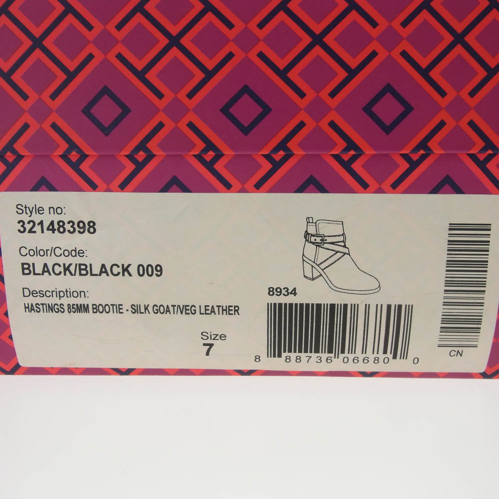 Tory Burch トリーバーチ HASTINGS 85MM BOOTIE SILK GOAT アンクル ベルト ヒール ブーツ ブラック系 7M【中古】