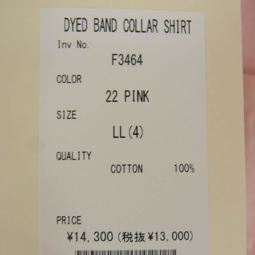 FOB ファクトリー F3464 DYED BAND COLLAR SHIRT ダイ バンドカラー シャツ ピンク系 LL【新古品】【未使用】【中古】