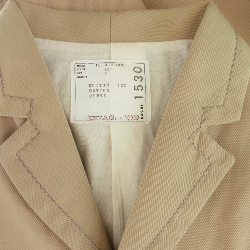 Sacai サカイ 18AW 18-01530M ステッチデザイン チェスター コート ベージュ系 3【中古】