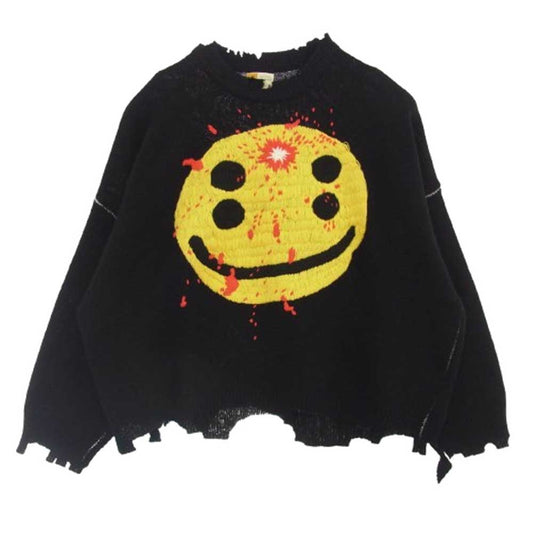 SAINT MICHAEL セントマイケル 24AW SM-YS1-0000-C07 CP CREW KNT SMILE BLACK カクタスプラントフリーマーケット スマイル刺繍 ダメージ加工 ニット セーター ブラック系 L【新古品】【未使用】【中古】