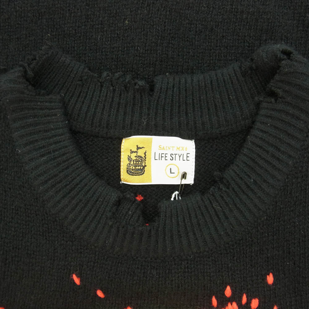 SAINT MICHAEL セントマイケル 24AW SM-YS1-0000-C07 CP CREW KNT SMILE BLACK カクタスプラントフリーマーケット スマイル刺繍 ダメージ加工 ニット セーター ブラック系 L【新古品】【未使用】【中古】