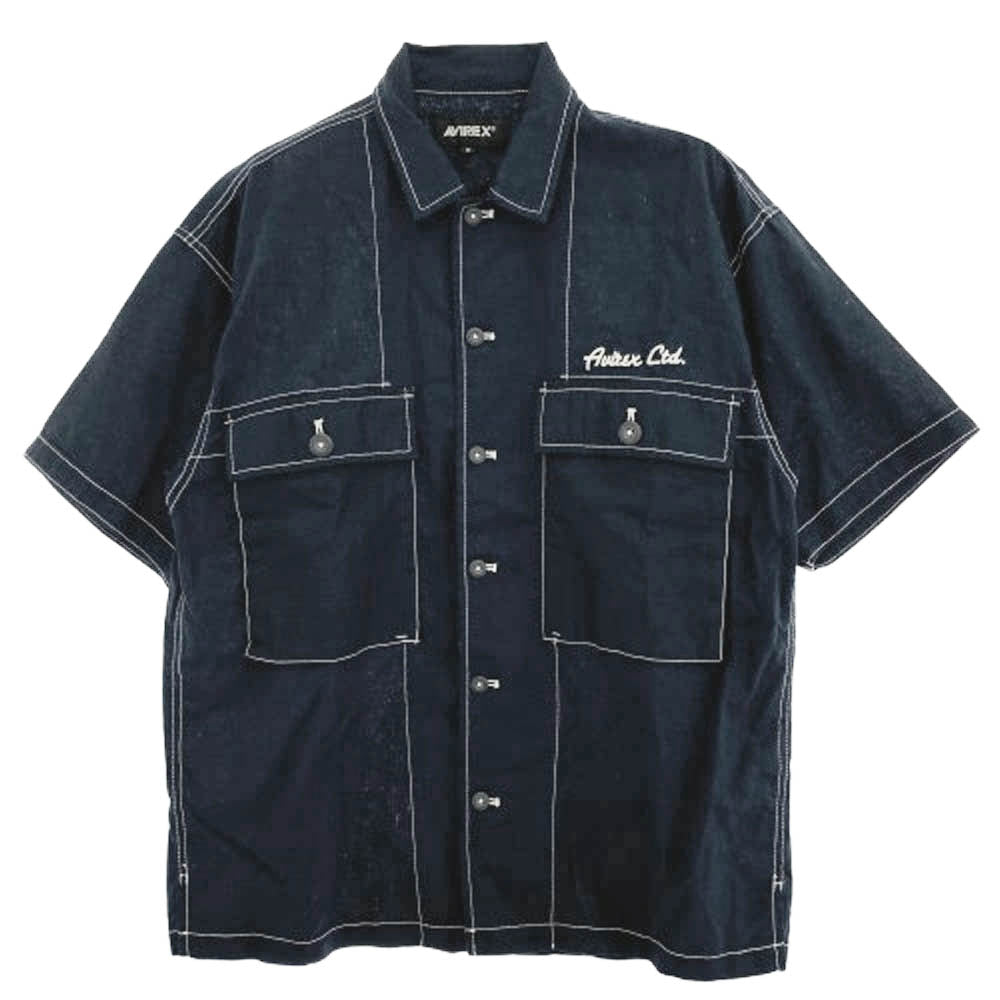 AVIREX アヴィレックス LINEN COTTON TYPE M-43 SHIRT サープラス コットンリネン 半袖 シャツ ネイビー系 M【中古】