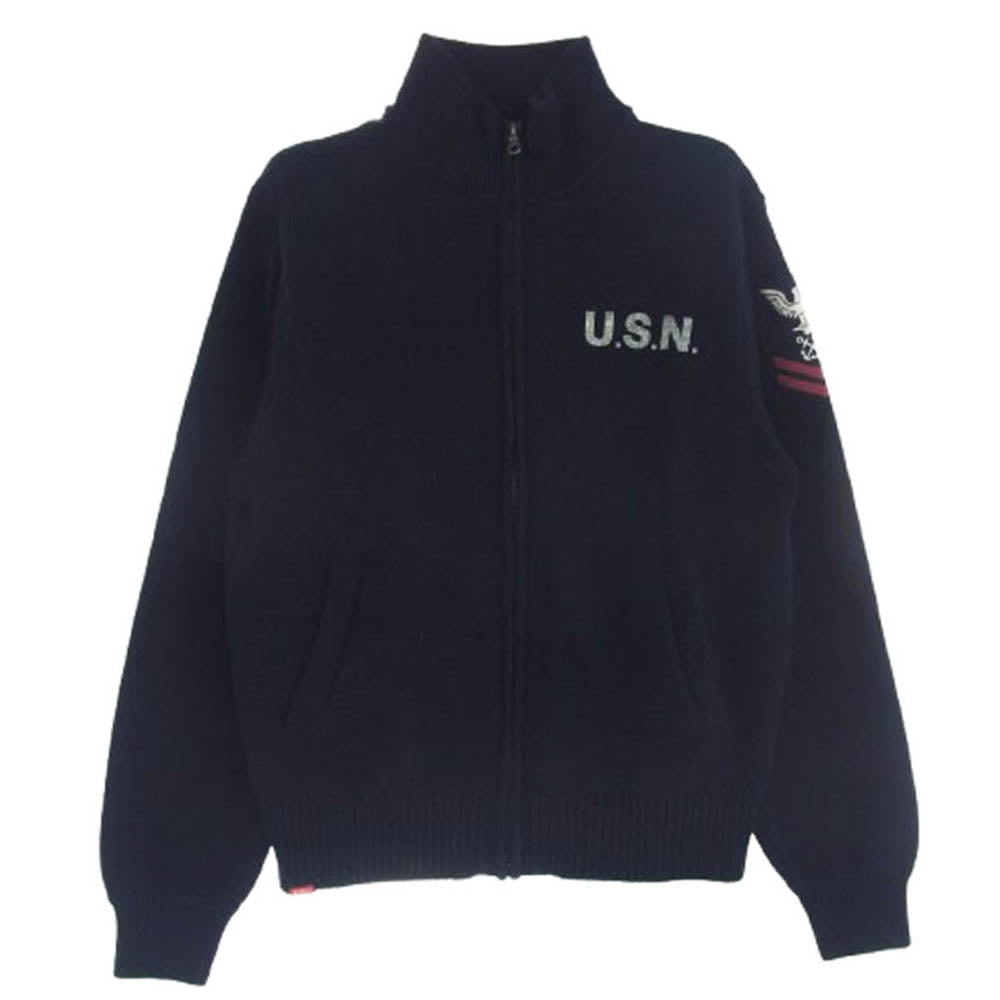 AVIREX アヴィレックス NAVAL STAND COLLAR ZIP KNIT JACKET ナバル スタンドカラー ジップ ニット ジャケット ミリタリー コットンニット カーディガン ネイビー系 M【新古品】【未使用】【中古】