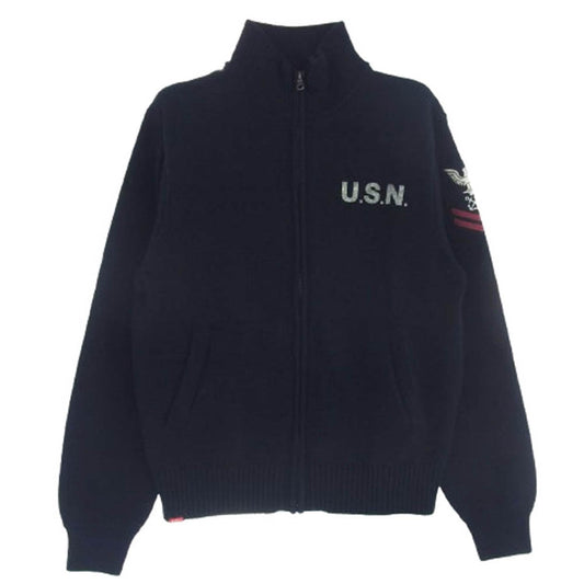 AVIREX アヴィレックス NAVAL STAND COLLAR ZIP KNIT JACKET ナバル スタンドカラー ジップ ニット ジャケット ミリタリー コットンニット カーディガン ネイビー系 M【新古品】【未使用】【中古】