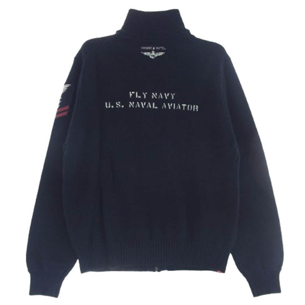 AVIREX アヴィレックス NAVAL STAND COLLAR ZIP KNIT JACKET ナバル スタンドカラー ジップ ニット ジャケット ミリタリー コットンニット カーディガン ネイビー系 M【新古品】【未使用】【中古】