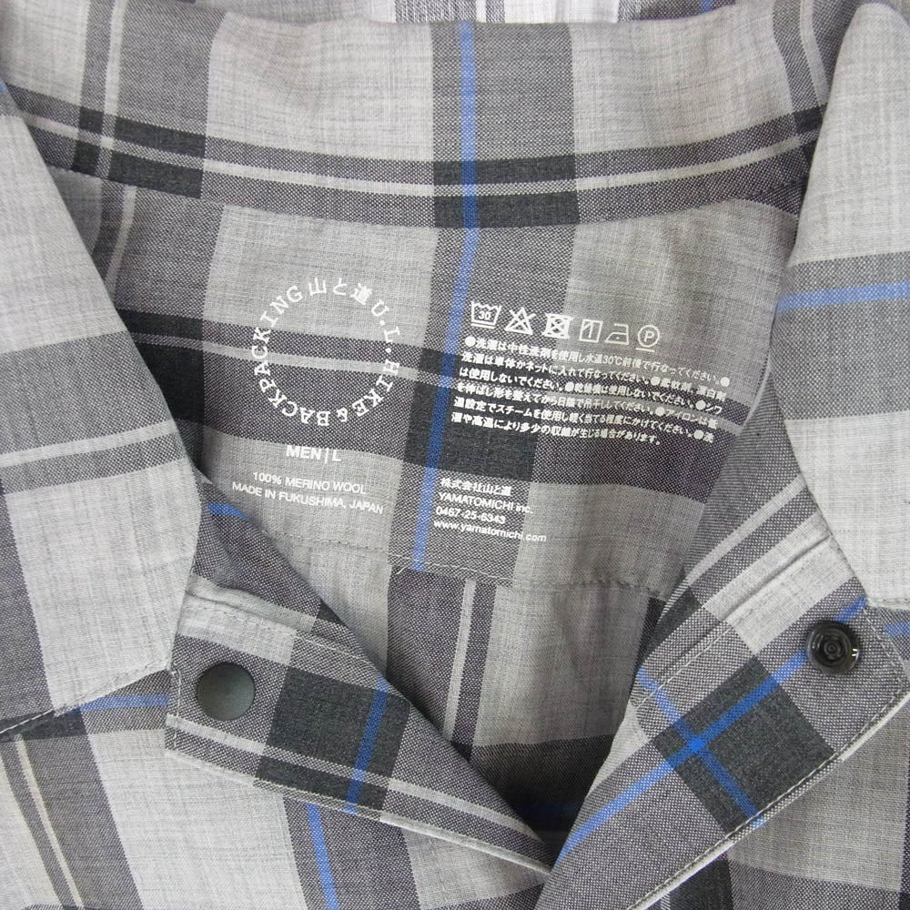 山と道 Merino Short Sleeve Shirt メリノウール チェック柄 半袖シャツ グレー系 L【中古】