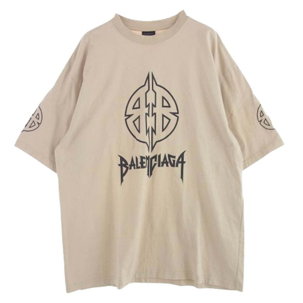 BALENCIAGA バレンシアガ 23SS 764235 TPVI2 Metal BB Logo Tee ヴィンテージ加工 メタルBBロゴプリント 半袖Tシャツ ベージュ系 XXL【中古】