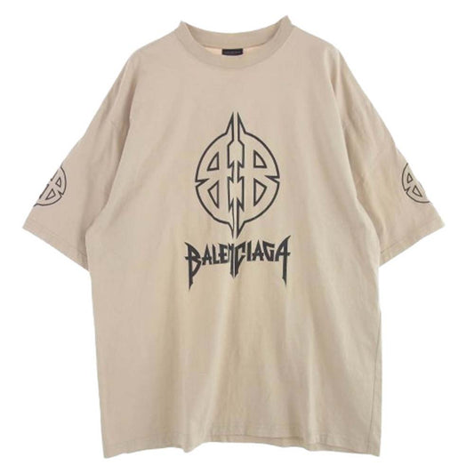 BALENCIAGA バレンシアガ 23SS 764235 TPVI2 Metal BB Logo Tee ヴィンテージ加工 メタルBBロゴプリント 半袖Tシャツ ベージュ系 XXL【中古】