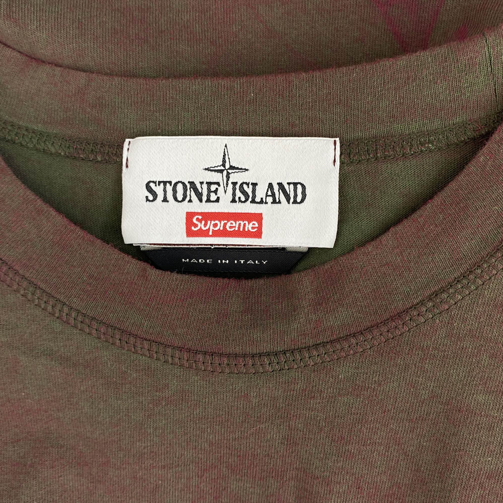 Supreme シュプリーム 7025201S1 × STONE ISLAND ストーンアイランド Dust Treatment Cotton T Shirt  ダスト加工 クルーネックポケット Tシャツ カーキ系 エンジ系 M【中古】